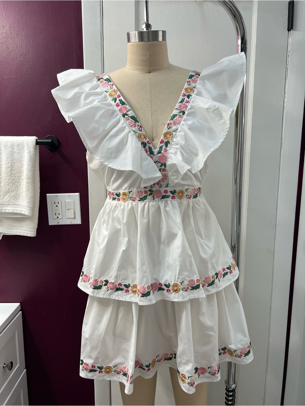 White Tiered Ruffled Dress with Floral Trim